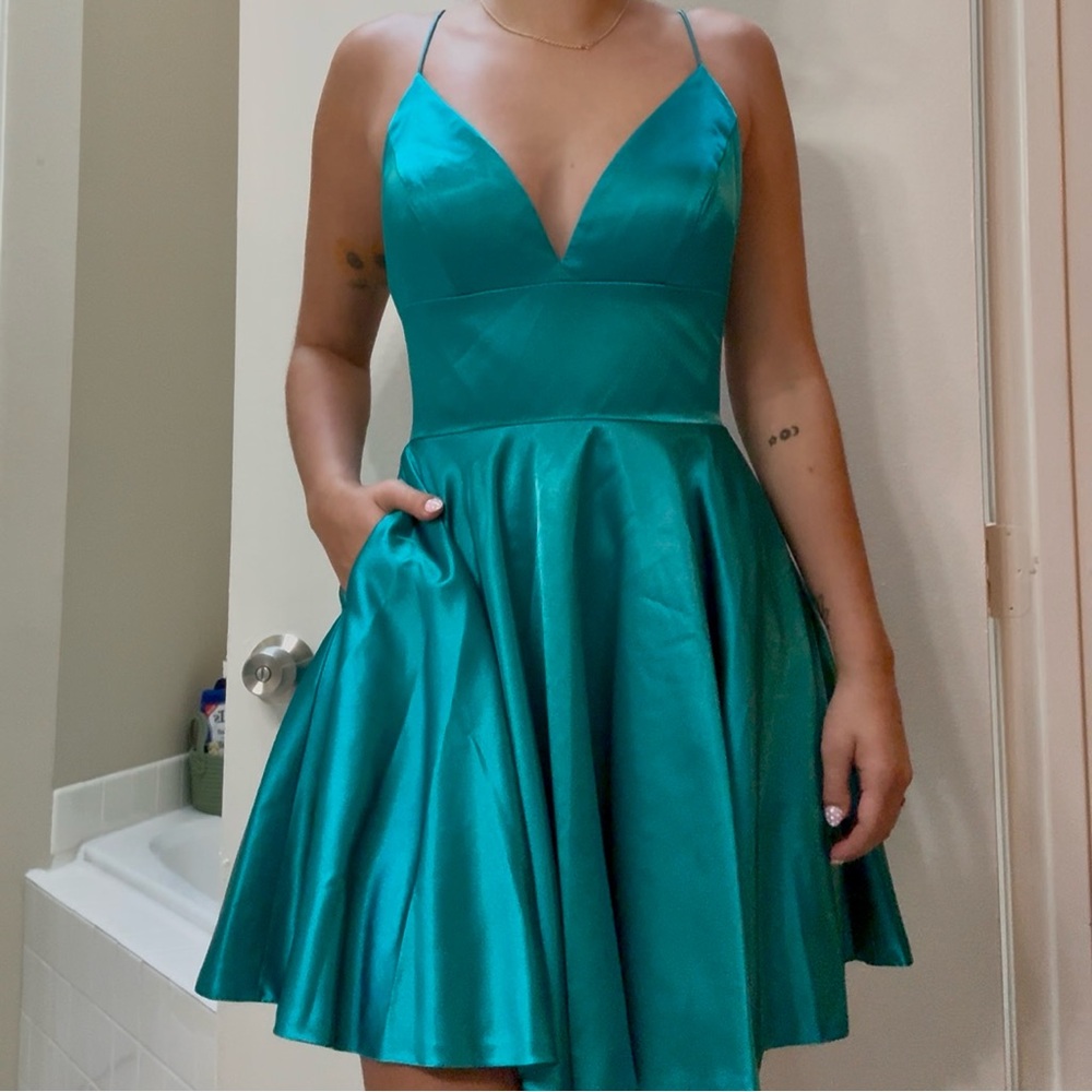 Sherri Hill Teal Satin Mini Dress